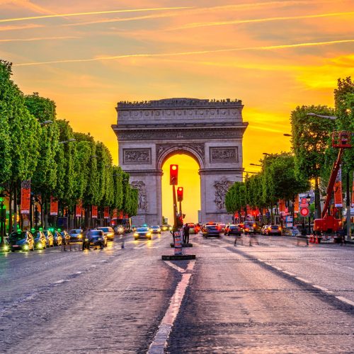 Champs-elysees,And,Arc,De,Triomphe,At,Night,In,Paris,,France.